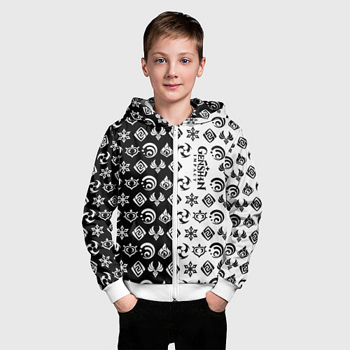 Детская толстовка на молнии Genshin Impact - black and white / 3D-Белый – фото 3