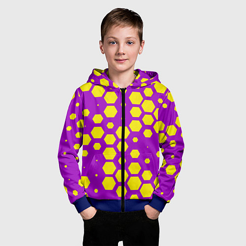 Детская толстовка на молнии Желтые соты на фиолетовом фоне / 3D-Синий – фото 3