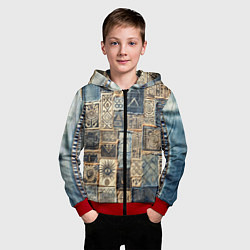 Толстовка на молнии детская Татуировки племени майя пэчворк, цвет: 3D-красный — фото 2