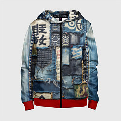 Толстовка на молнии детская Иероглифы на пэчворк дениме, цвет: 3D-красный