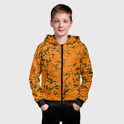 Детская толстовка на молнии Оранжевый с брызгами зеленой краски / 3D-Черный – фото 3