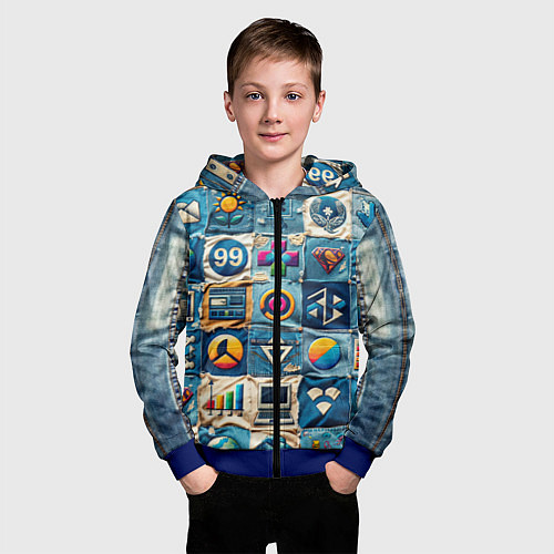 Детская толстовка на молнии Пэчворк деним из девяностых / 3D-Синий – фото 3