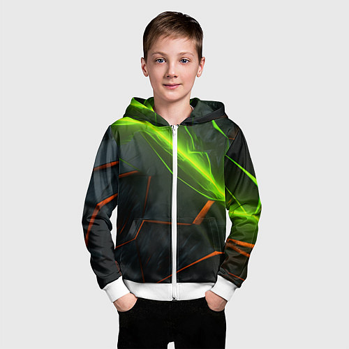 Детская толстовка на молнии Green neon abstract geometry / 3D-Белый – фото 3
