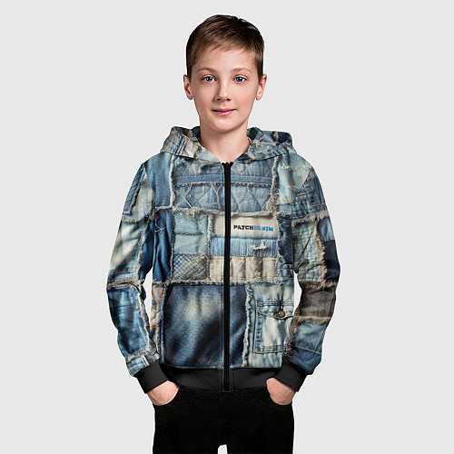 Детская толстовка на молнии Patchwork denim - vogue / 3D-Черный – фото 3