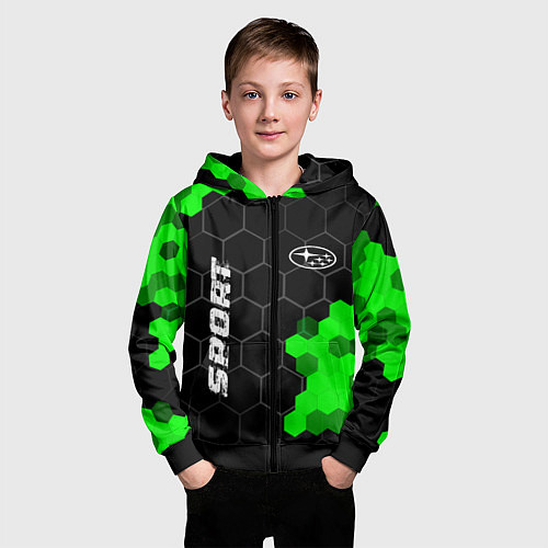 Детская толстовка на молнии Subaru green sport hexagon / 3D-Черный – фото 3