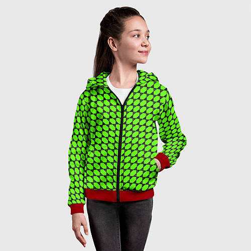 Детская толстовка на молнии Зелёные лепестки шестиугольники / 3D-Красный – фото 4