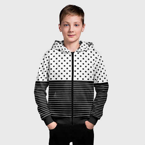 Детская толстовка на молнии Белый в чёрный горошек с полосами / 3D-Черный – фото 3