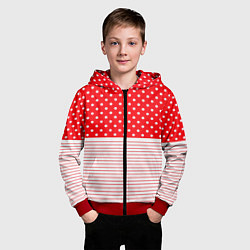Толстовка на молнии детская Красно-белый в горошек с полосами, цвет: 3D-красный — фото 2