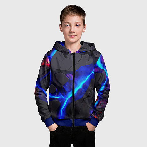 Детская толстовка на молнии Темный синий неон из разлома плит / 3D-Синий – фото 3