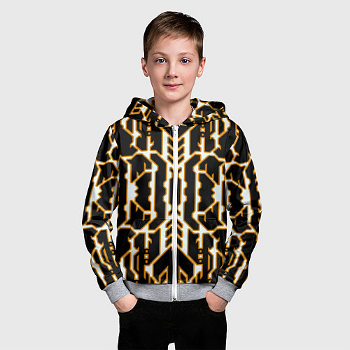 Детская толстовка на молнии Техно белые линии с жёлтой обводкой на чёрном фоне / 3D-Меланж – фото 3