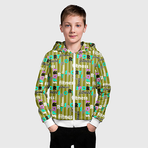 Детская толстовка на молнии Спорт и фитнес оливковый полосатый узор с текстом / 3D-Белый – фото 3