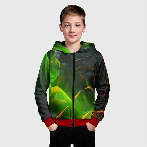 Детская толстовка на молнии Зеленая абстрактная неоновая текстура / 3D-Красный – фото 3