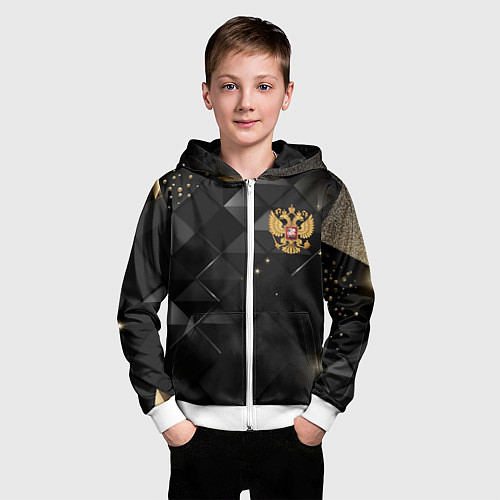 Детская толстовка на молнии Золотой герб России на черно-золотой текстуре / 3D-Белый – фото 3