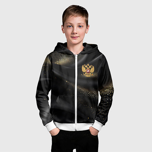 Детская толстовка на молнии Золотой герб России на черно-золотой текстуре / 3D-Белый – фото 3