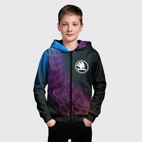 Детская толстовка на молнии Skoda neon hexagon / 3D-Черный – фото 3