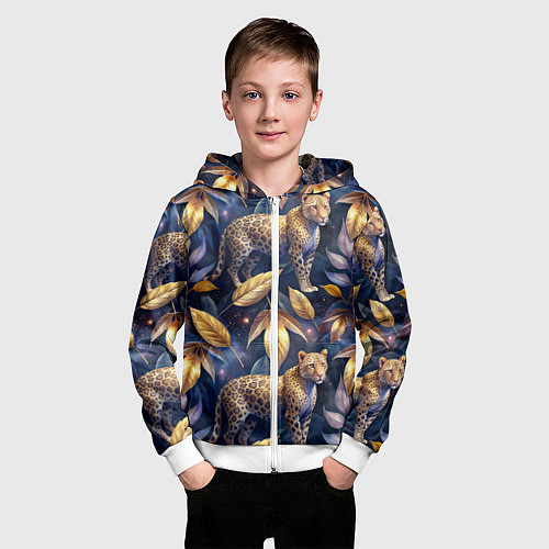 Детская толстовка на молнии Леопард с золотыми листьями паттерны / 3D-Белый – фото 3