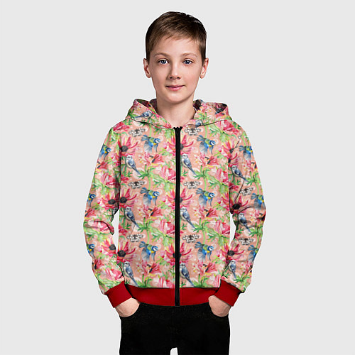 Детская толстовка на молнии Лазоревки и маки на розовом / 3D-Красный – фото 3