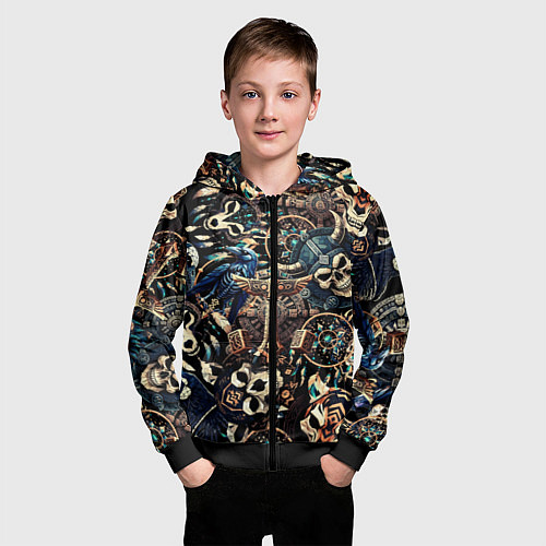 Детская толстовка на молнии Викинг-череп ворон, руны и молот Тора / 3D-Черный – фото 3