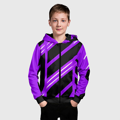 Детская толстовка на молнии Чёрно-белые полосы на фиолетовом фоне / 3D-Черный – фото 3