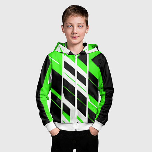 Детская толстовка на молнии Black and green stripes on a white background / 3D-Белый – фото 3