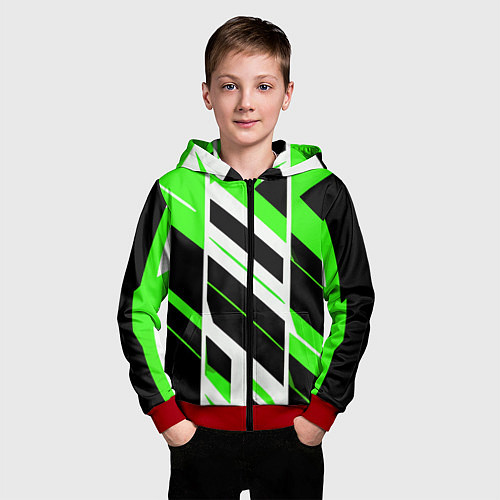 Детская толстовка на молнии Black and green stripes on a white background / 3D-Красный – фото 3