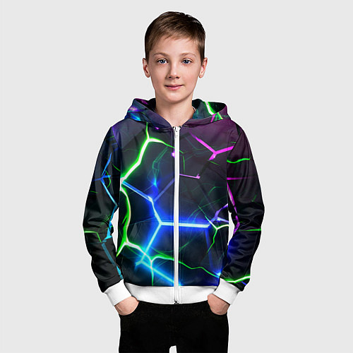 Детская толстовка на молнии Микс из разломленных плит и неоновое свечения / 3D-Белый – фото 3