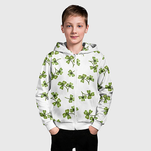 Детская толстовка на молнии Листочки клевера на белом фоне - паттерн / 3D-Белый – фото 3
