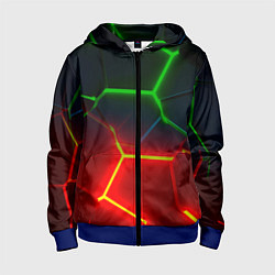 Толстовка на молнии детская Зеленые и красные неоновые плиты в разломе, цвет: 3D-синий