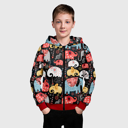Детская толстовка на молнии Разноцветные слоны узор / 3D-Красный – фото 3