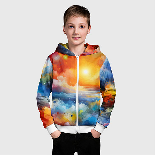 Детская толстовка на молнии Закат солнца - разноцветные облака / 3D-Белый – фото 3
