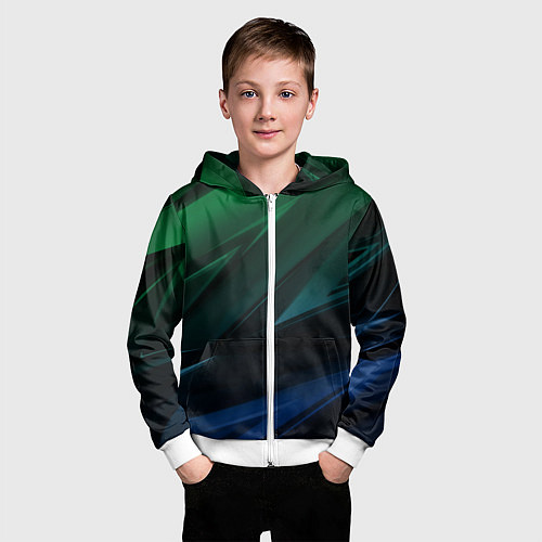 Детская толстовка на молнии Зелено-синие абстрактные объемные полосы / 3D-Белый – фото 3
