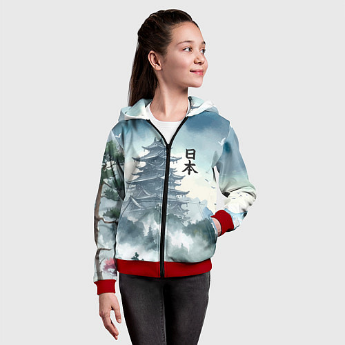 Детская толстовка на молнии Японская пагода в тумане - нейросеть / 3D-Красный – фото 4