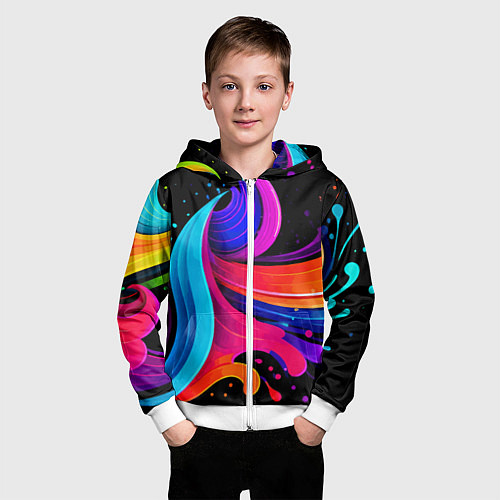 Детская толстовка на молнии Неоновая красочная абстракция - нейросеть / 3D-Белый – фото 3