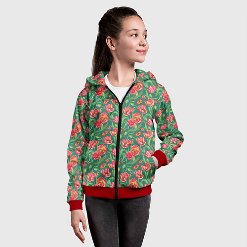 Детская толстовка на молнии Тюлпаны с бабочками / 3D-Красный – фото 4