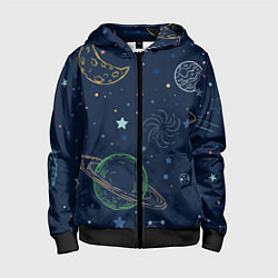 Толстовка на молнии детская Планеты и созвездия в космосе, цвет: 3D-черный