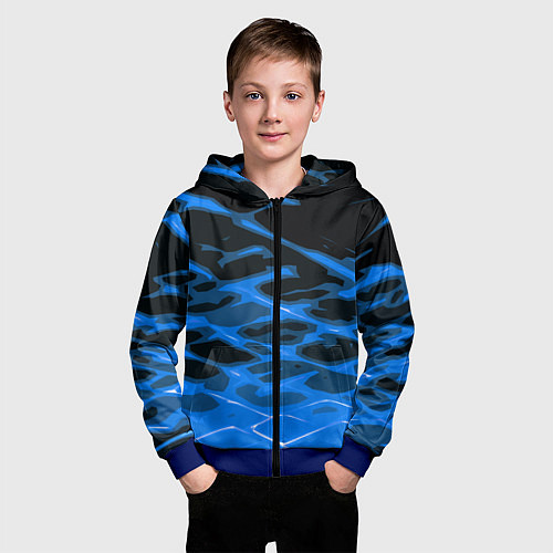 Детская толстовка на молнии Синие абстрактные полосы на чёрном фоне / 3D-Синий – фото 3