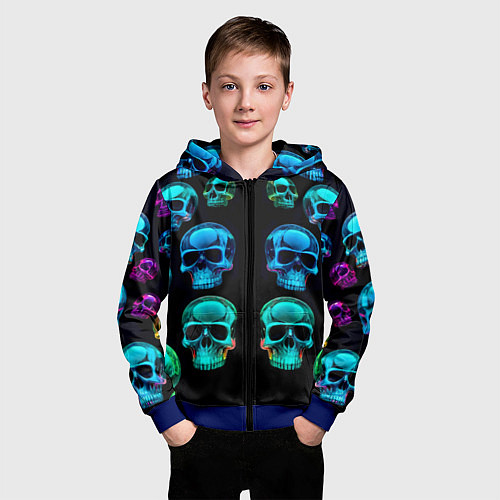 Детская толстовка на молнии Neon skulls - ai art pattern / 3D-Синий – фото 3