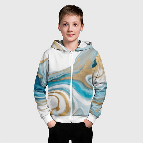 Детская толстовка на молнии Бело-голубой с золотом абстрактный узор / 3D-Белый – фото 3