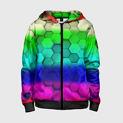 Толстовка на молнии детская Неоновая абстракция соты, цвет: 3D-черный