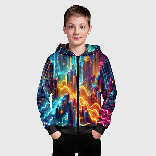 Детская толстовка на молнии Neon metropolis - vaporwave / 3D-Черный – фото 3
