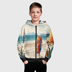 Толстовка на молнии детская Летний пейзаж с женщиной на пляже, цвет: 3D-черный — фото 2