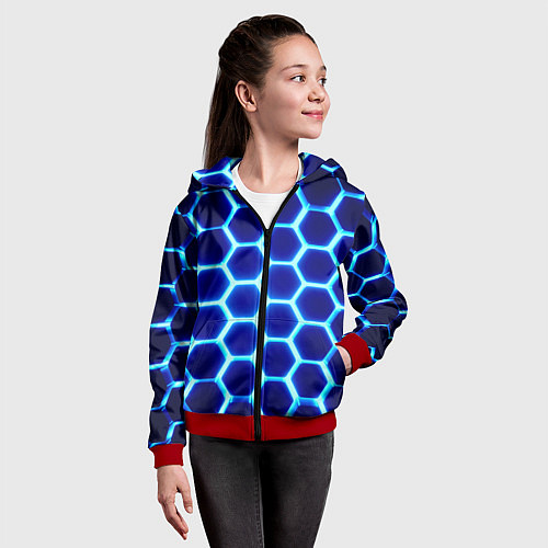 Детская толстовка на молнии Неоновые шестигранники с подсветкой / 3D-Красный – фото 4