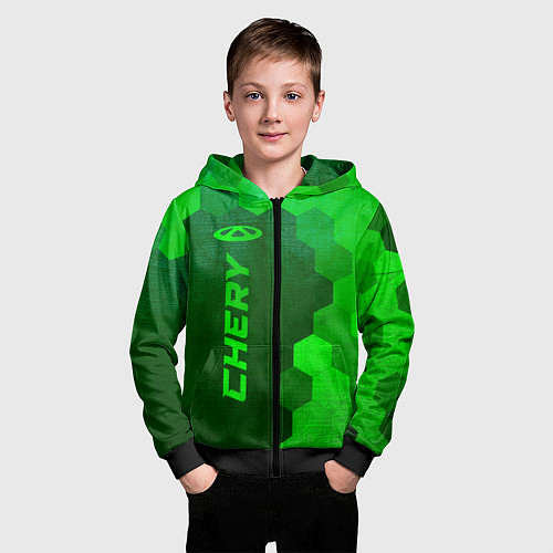 Детская толстовка на молнии Chery - green gradient по-вертикали / 3D-Черный – фото 3