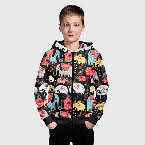 Детская толстовка на молнии Цветные слонята паттерн / 3D-Черный – фото 3