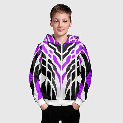 Детская толстовка на молнии Агрессивные фиолетово-белые полосы на чёрном фоне / 3D-Белый – фото 3