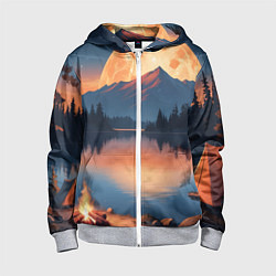 Толстовка на молнии детская Костер на берегу озера, цвет: 3D-меланж