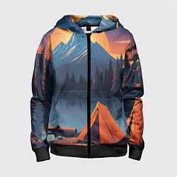 Толстовка на молнии детская Палатка на берегу озера, цвет: 3D-черный