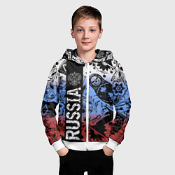 Толстовка на молнии детская Герб России на фоне матрёшек балалайки и славянски, цвет: 3D-белый — фото 2
