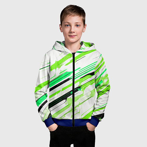 Детская толстовка на молнии Чёрно-зелёно-салатовые полосы на белом фоне / 3D-Синий – фото 3