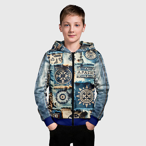Детская толстовка на молнии Символы Апачи на пэчворк дениме / 3D-Синий – фото 3